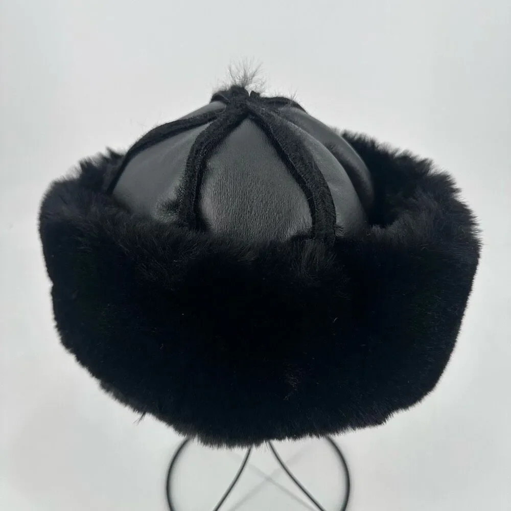 Zara Faux Leather & Fur Winter Hat Small Black Mob Wives‎ Goth Luxury Old Money